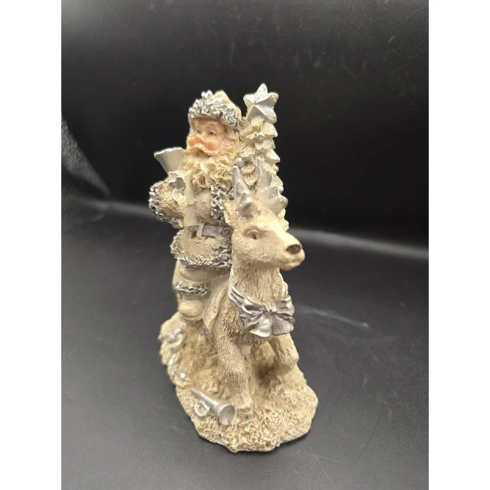 Santa On A  Deer Beautiful Shimmering Silver White Cornerstone Creations
